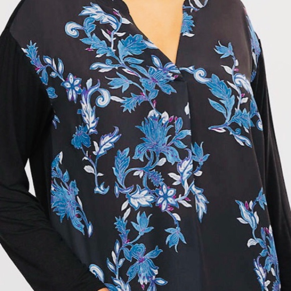 LB Mixed Fabric Top Navy w/Floral Print Shades of Blue 14/16 - Picture 5 of 5